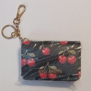 Steve Madden Black Keychain Wallet with Red Cherry Print NIP